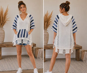 POL Sz S Oversized Hooded Sweater Distressed Open Knit Striped Hi Low Kangaroo